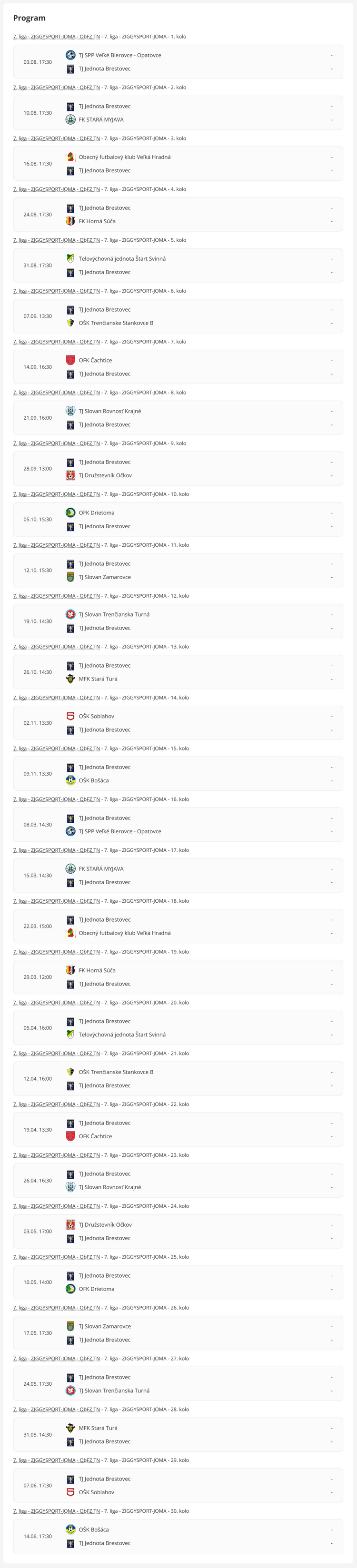 Rozlosovanie zápasov 2025-26 - tabulka