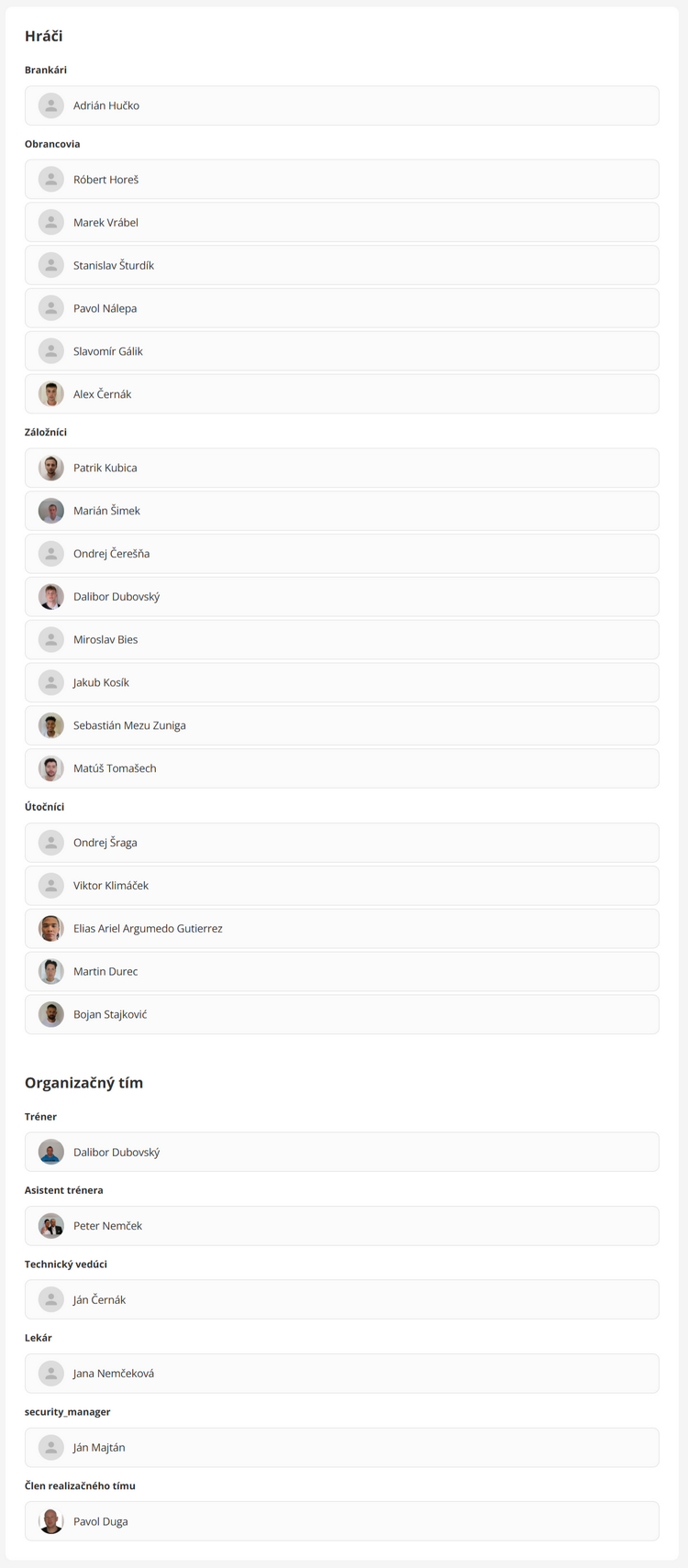 Hráči a Organizačný tím zápasu