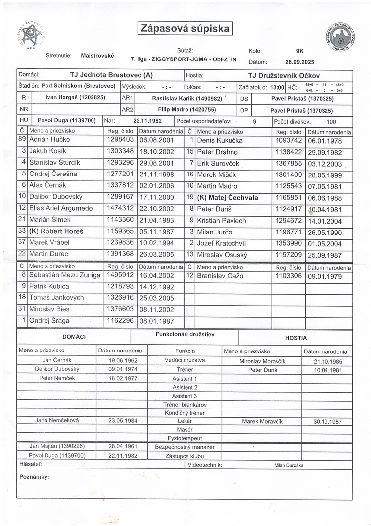 zápasová súpiska