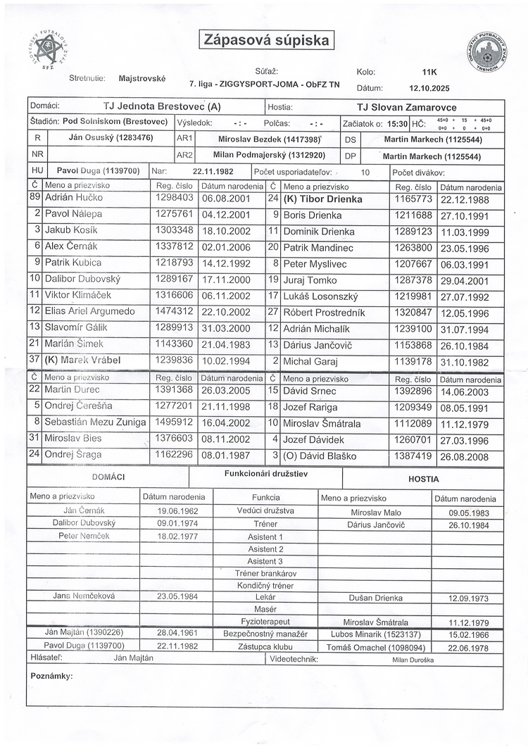 zápasová súpiska
