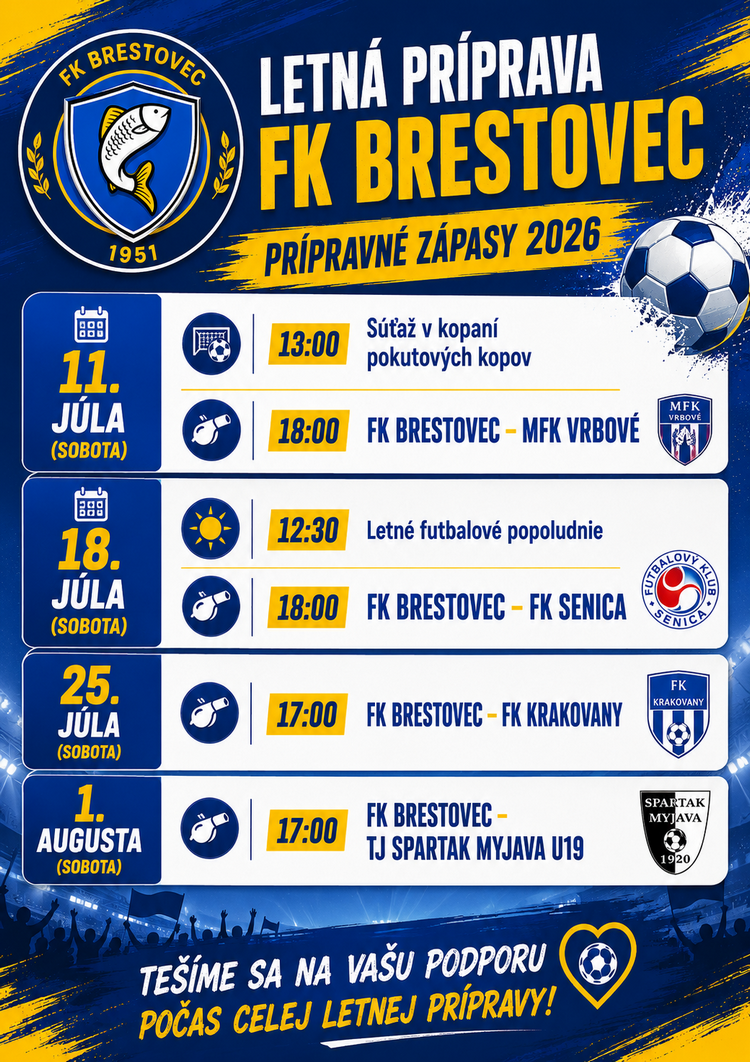 Plagátik prípravných zápasov FK Brestovec 2026